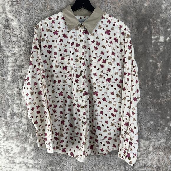 Cabin Creek Size L Floral Print Casual Button Top White Long Sleeve Collar - Picture 1 of 7